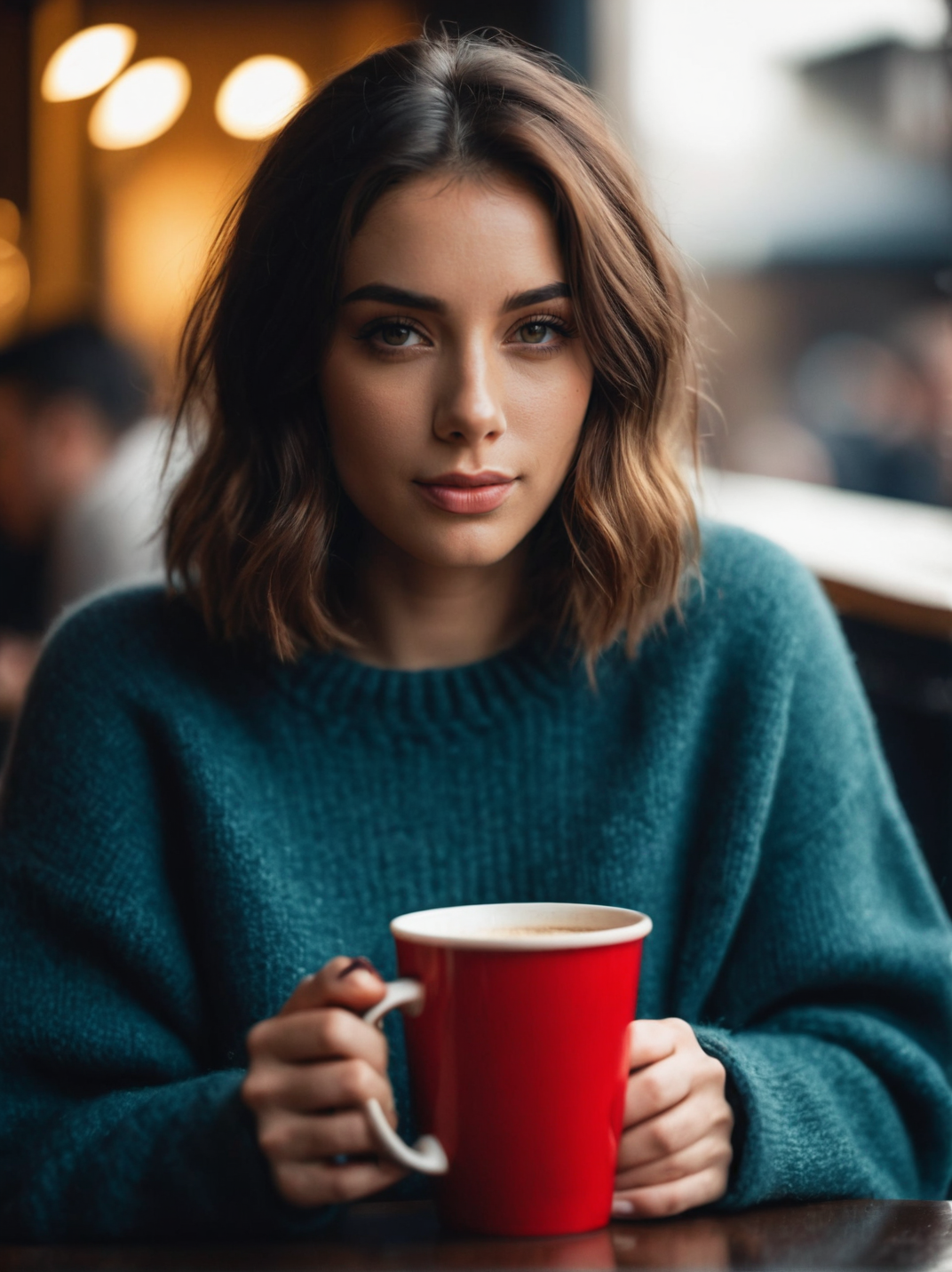 A dynamic cinematic photograph of Brett_Bowles_P_MXAI_SDXL , wearing a cozy knitted sweater, sitting in a café, holding a steaming mug with both hands, happy expression,, SK_CINEMATIC, ziprealism
