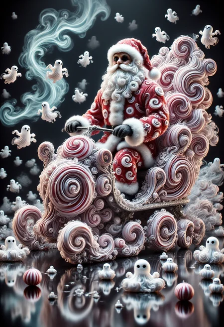 aidmafluxpro1.1, CHRC4ND7, Santa Claus sculpted from peppermint swirls and chocolate truffles, riding a sleigh made of candy canes through a starry night sky. Northern lights in the background, glittering snowflakes falling. Dreamlike and surreal, Dutch angle composition, vibrant colors.