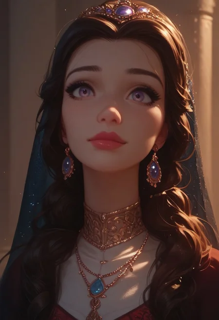 score_9, score_8_up, score_7_up, score_6_up, score_5_up, score_4_up, 1girl, Belle, (thin:1.4),, gorgeous girl, kawaii girl, perfect cute face, , illustration, wide eyes, eye contact, Cultural attire, (full shot), khan atlas patterns, Floral patterns, long sleeve, head veil cover,