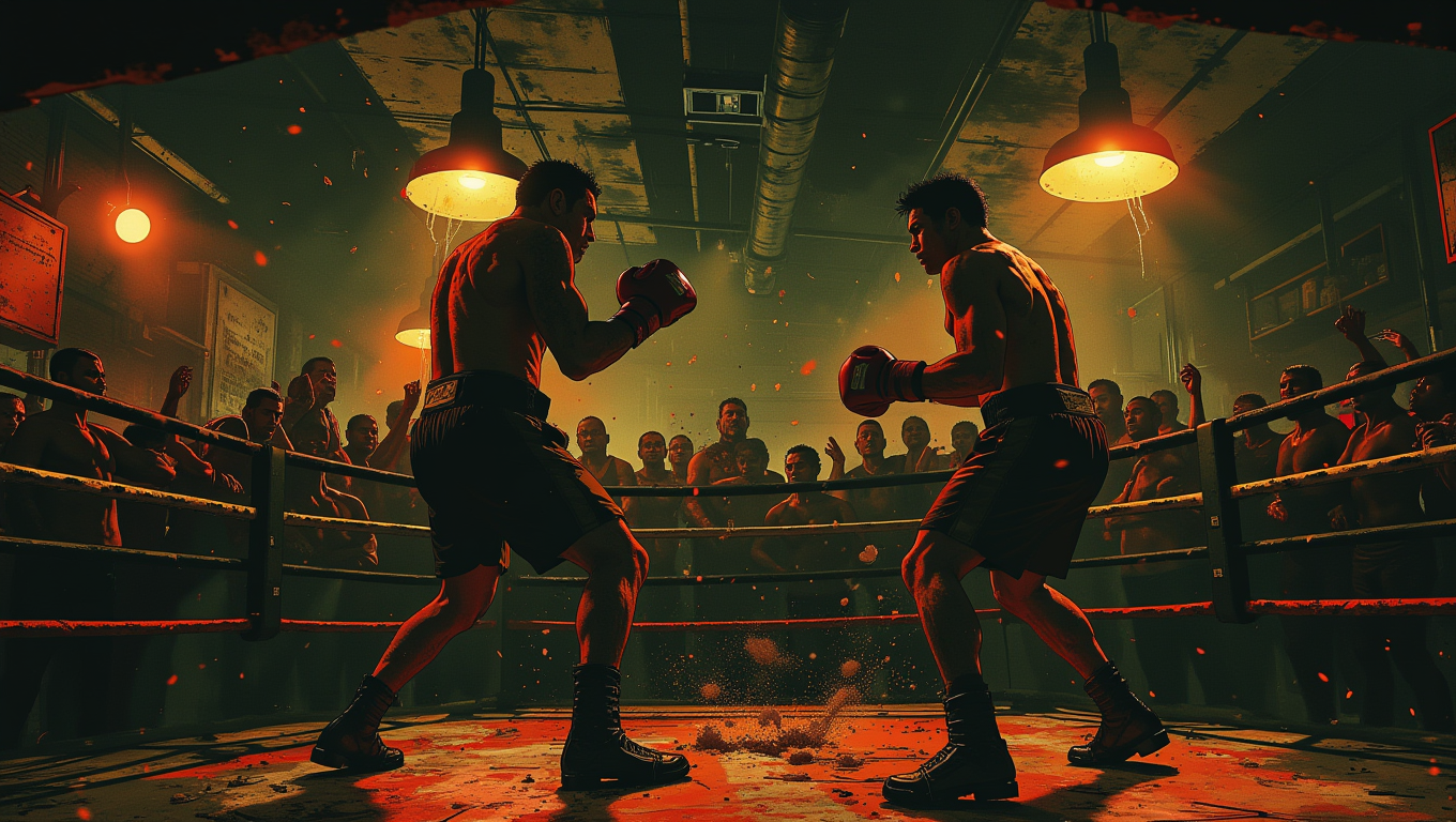 A gritty underground boxing ring where two bloodied fighters square off under harsh lights. The crowd, a mix of tough-looking men and glamorous women, cheers and jeers. Sweat and blood fly as the fighters exchange brutal blows
  <lora:Luminous_Shadowscape:0.6>