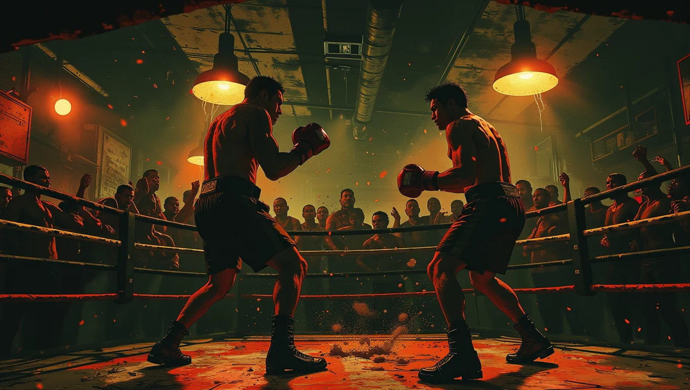 A gritty underground boxing ring where two bloodied fighters square off under harsh lights. The crowd, a mix of tough-looking men and glamorous women, cheers and jeers. Sweat and blood fly as the fighters exchange brutal blows
  <lora:Luminous_Shadowscape:0.6>