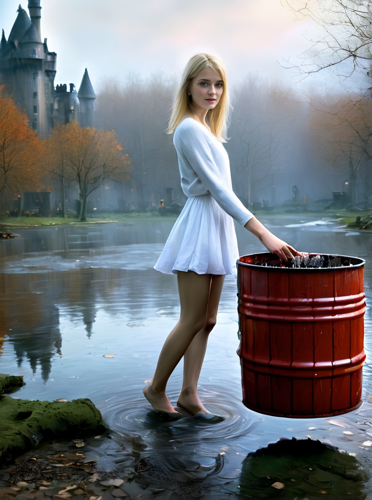 Photo of Sylvia Myren, girl wearing white clothes kicking over a red metal barrel of steaming toxic waste into a pond in a misty eldritch forest, trees glow neon in background, by an overgrown castle ruins in woods, <lora:PerfectEyesXL:0.5>, (detailed, ultra-detailed body:1.1),best quality,photo-realistic,highly detailed,absurdres,cinematic lighting,hyper-realistic,sharp focus,32k resolution,detailxl,SimplePositiveXLv2,