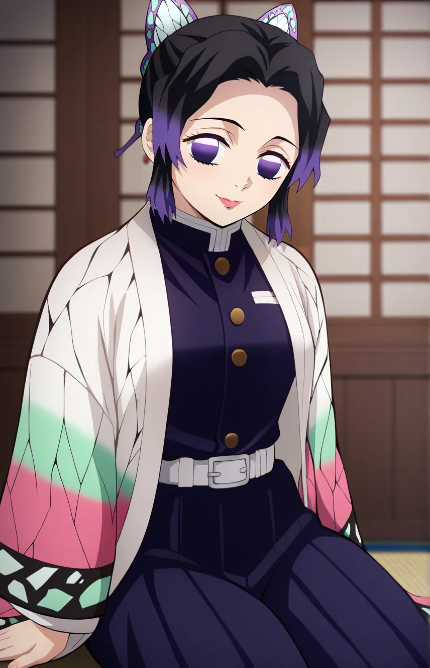 KShinobuXLV4, score_7_up, BREAK source_anime, 1girl, solo, looking at viewer, demon slayer uniform, japanese clothes, haori, sitting, cowboy shot, <lora:KShinobuXLV4-10EP:0.9>