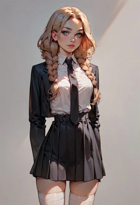 score_9, score_8_up, score_7_up, score_6_up,
1girl, solo, MiraBelle666,
wearing white shirt, black tie, black blazer, black skirt, white thigh highs,
neutral background,