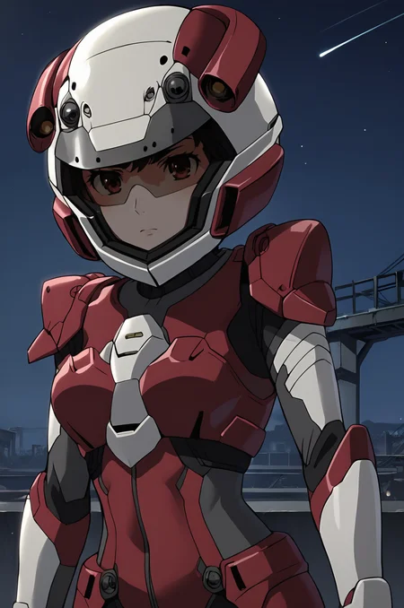 score_9, score_7_up, source_anime <lora:aiko_tachibana:1> aiko_wz, helmet, bodysuit, mecha pilot suit, pilot suit, night, lights, backlighting, serious, cinematic light, star \(sky\), ruins, bridge, dynamic pose, upper body, pointing at viewer, motion blur,