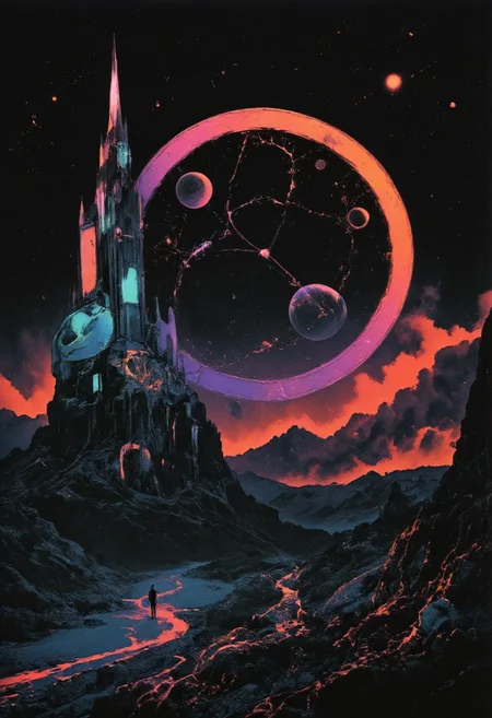 Monochrome with color, retro scan of 80s-anime-ai spectral neon Gradient ascii_art, an 80s Sci-fi Ethereal. Dark space, 80s sci-fi book artwork, lofi, neon-pastel colors, grainy, vintage.
In the vast expanse of outer space, a vibrant, colorful abyss floats majestically, bowing down toward the viewer. The abyss is rich in texture, with subtle variations in color that catch the distant starlight, creating a mesmerizing glow. Amidst a rugged Landscape scenery beneath a translucent high volumetric Cloudy Sky - A towering structure, resembling a phallic symbol, stands prominently, reaching toward the high clouds. Its surface features intricate patterns and modern elements, including sleek glass windows that reflect the starlit cosmos around it.
In the foreground, a buxom woman is seen from behind, showcasing her curves and the smooth contours of her back, thighs, and rounded derrière. Her figure exudes strength and grace against the cosmic backdrop, enhancing the ethereal quality of the scene.
Amazing quality, masterpiece, best quality, hyper-detailed, ultra-detailed, UHD, perfect anatomy, portrait, dof, hyper-realism, majestic, awesome, inspiring.