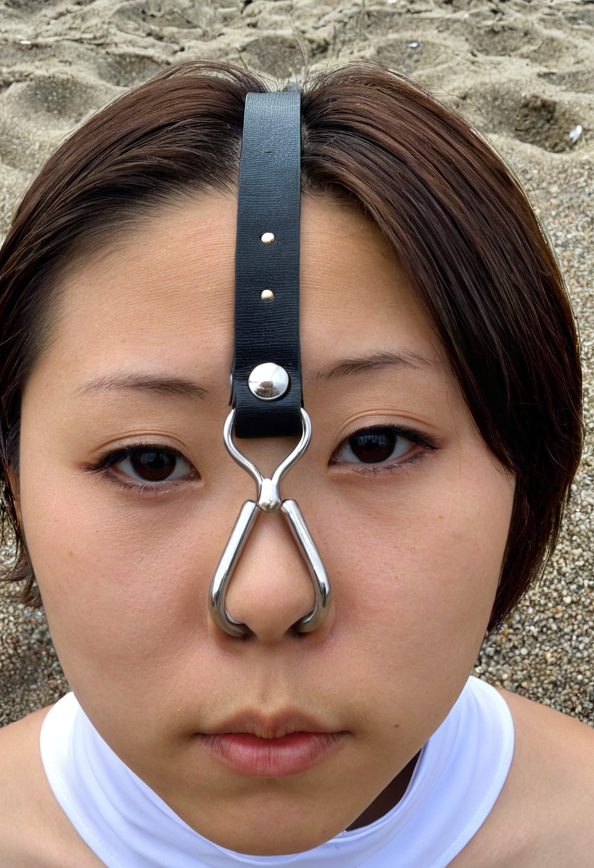 wearing pornmasternosehook01 nose hook,wide open nostrils, RAW Photo of a photo of a young  japanese idol,Upper Body,solo,Brown hair,Short hair hair, White dress,Forehead,face close-up,  masterpiece,best quality,Shoulder,lips, closed mouth, eyes,Shoulder,looking at viewer and facing viewer,outdoors,high-resolution skin textures,Beach Background,sea, water,<lora:PornMaster-nose hook 01-sdxl-V1-lora:1>