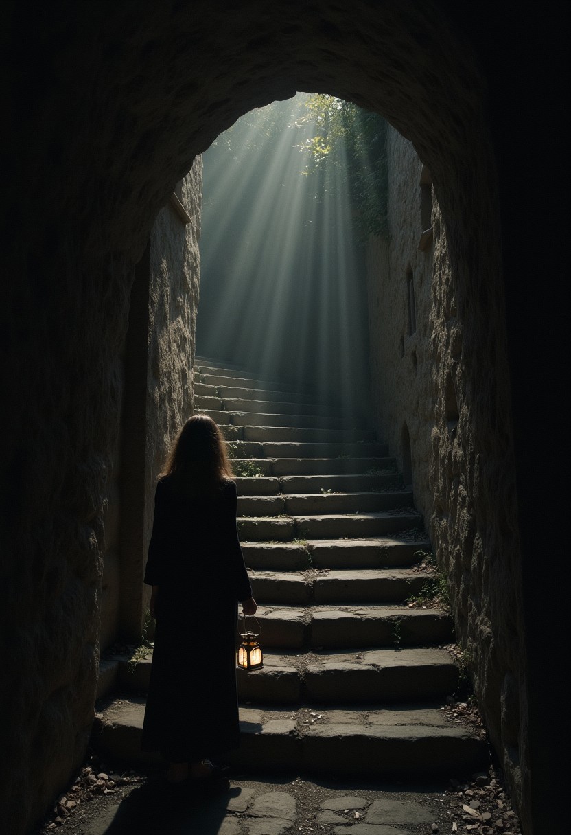 She held the little lantern high before her, watching the shadows gather on the steps that wound down to the undertomb. The black stone walls pressed in on her, and the lantern-light flickered and trembled. The air was musty with the smell of ancient things long buried. The labyrinth twisted and turned, narrow passages cutting through solid rock, until she had no sense of direction at all."