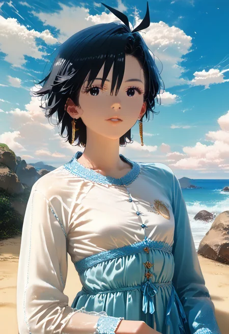 score_9, score_8_up, score_7_up, score_6_up, source_anime, <lora:Worldly_XL:1.25> <lora:AIU 0.3v:1.1> detailerlora, sunlight, ocean, waves, (open sky:2), clouds, nature, 1girl, solo, Kikuchi Makoto is enjoying summer holidays weather on the beach, cowboy shot, 3/4 shot, <lora:KikuchiMakoto_pony_v1:0.9> kkcmkt, short hair, black hair, antenna hair, hair between eyes, black eyes, flat chest, small breasts, summer clothes, beachwear, swimwear, Score_PnyReal, <lora:StS_PonyXL_Detail_Slider_v1.2:5>
