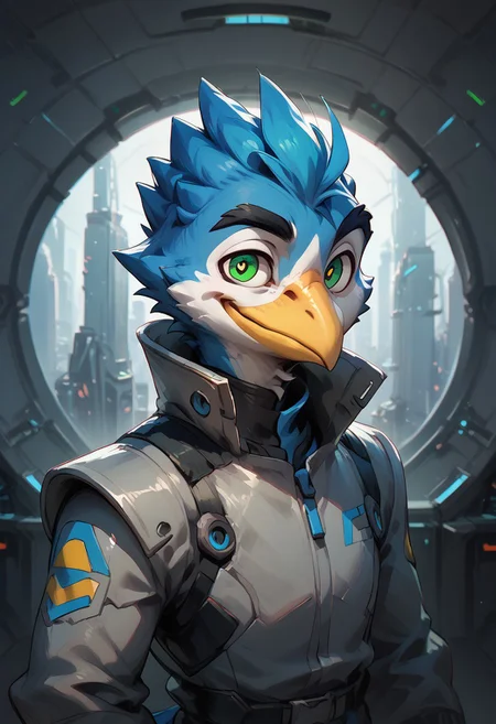 Expressiveh, solo, 
((1boy, Anthro male bird, green eyes, blue feathers, grey Talon hands,  blue eyelids, black eyebrows, white face, yellow beak, spiky head feathers, blue tail feathers, silver uniform, subtle smile, coy, kind eyes,
futuristic background, sci-fi city, utopia, upper body view, 
negative_hand, score_9, score_8_up, score_7_up,