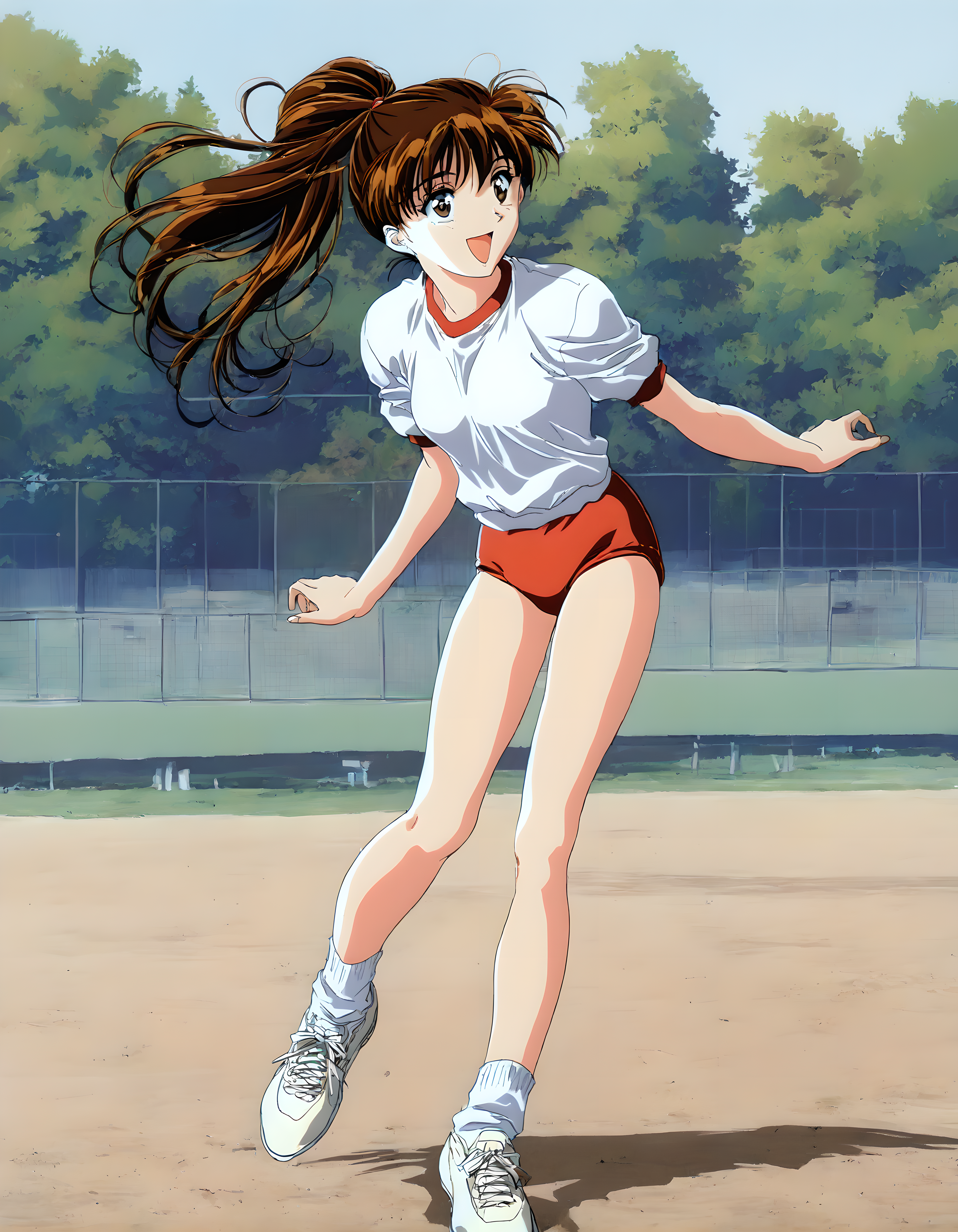 <lora:illustrious_XL_ryoko:0.9>,ryoko,masterpiece,best quality,good quality,1girl,solo,retro artstyle,ponytail,gym uniform,red buruma,socks,sneakers,day,sky,athletic grounds,smile,:d,