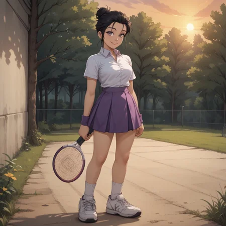 score_9, score_8, BREAK, solo, black hair, hair bun, single hair bun, grey eyes, white shirt, collared shirt, purple skirt, white socks, white sneakers, purple wristband, Momoko_(Hot_Shots_Tennis), cute, sexy pose, self portrait, smile, outdoors, sunlight, shadows, evening lighting, natural lighting, forest, trees, grass, orange sky, sunset