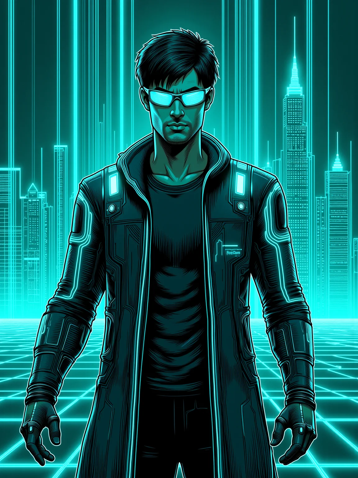 mad-cyberspace, mad-cyberspace, man wearing futuristic clothes, teal glowing outlines, teal coloring, dynamic pose, grid, cyberpunk,cityscape <lora:Neon_Cyberpunk_Cyberspace_FLUX:0.9>