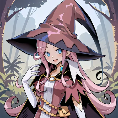 score_9, score_8_up, score_7_up, score_6_up, source_anime, BREAK, <lora:Pamela:0.90> pamdef, 1girl, pink hair, long hair, blue eyes, witch hat, witch outfit, white elbow gloves, cape, (face), (close-up), looking at viewer, smile, happy, scenery, exterior, outdoors, forest, jungle, <lora:backgroundsetXL:0.25> , background, <lora:ExobeloStyle:0.55>