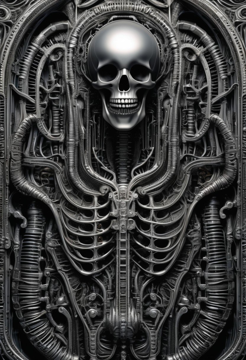 detailxl, high quality,
(black blank background:1.2)
(skeleton, mechanical, bones, muscles, organs, engine, wires:1.4), 
(illustration by HG Giger:1.8)