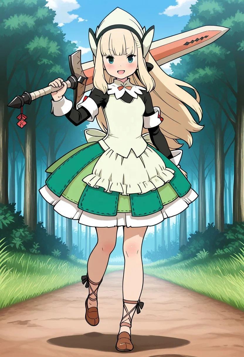 bravely_default_(series),monster_hunter_(series),masterpiece,anime_coloring,anime_clothing,amazing_quality,1girl,blonde_hair.long_hair,Helper_clothes, apron, green dress, long sleeves, dress, frilled apron, head scarf, waist apron, puffy sleeves, cross-laced footwear, brown footwear ,solo,blush cheek,smile,open mouth,close-up face,holding_huge_sword,great_sword,(dynamic_pose), forest,day sky,