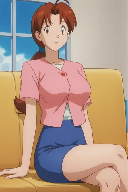 score_9, score_8_up, score_7_up, score_6_up, anime screencap, anime coloring, <lora:PMDeliaK:0.8>, PMDeliaK, 1girl, solo, brown hair, ponytail, ahoge, long hair, parted bangs, brown eyes, hair tie, large breasts, pink jacket, short sleeves, blue skirt, pencil skirt,  crossed legs, smile, looking at viewer, sitting,  BREAK, indoors, couch, blue sky, sunbeam,