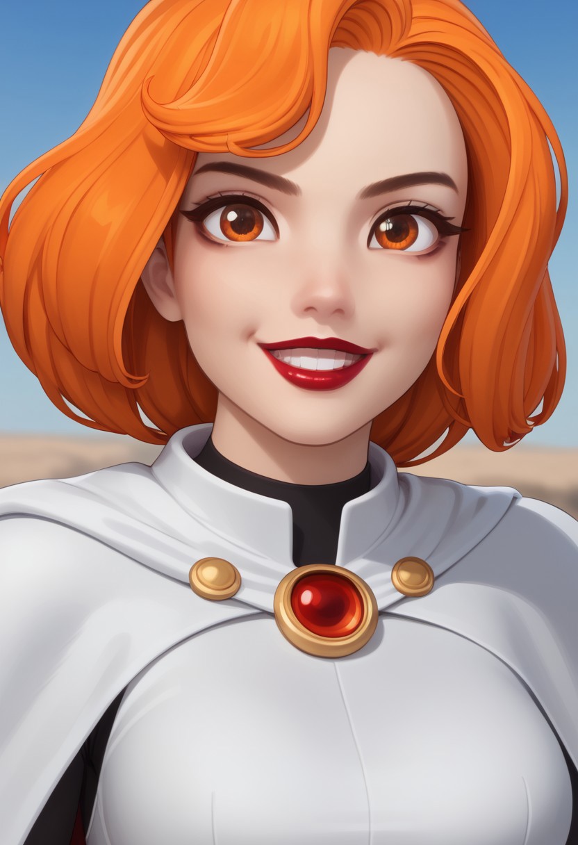 score 9, score 8, score 7, score 6, 1girl, solo, bethh, upper body, looking at viewer, orange hair, orange eyes, makeup, lipstick, lips, sky, flying, zPDXL, dynamic pose, smile, open mouth, wearing spcc costume with cape