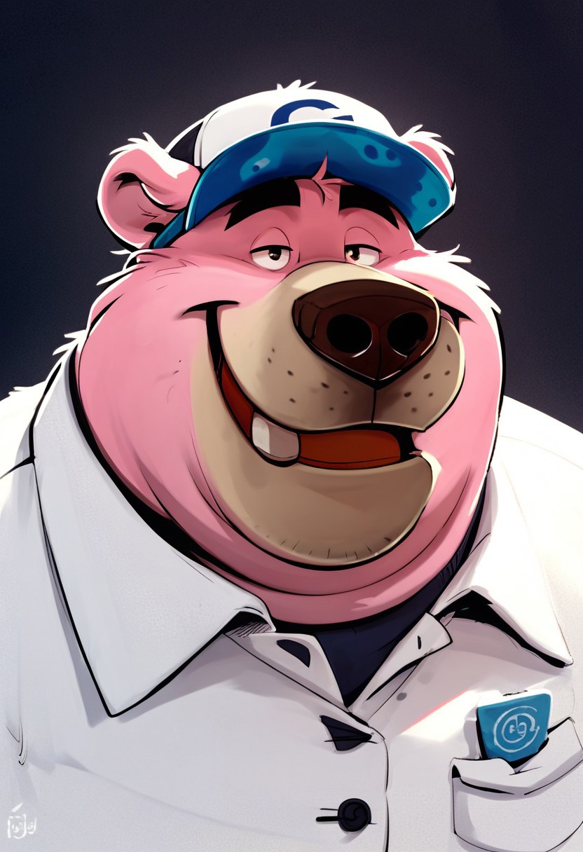 score_4_up, score_5_up, score_6_up, score_7_up, score_8_up, score_9, face shot, 1boy, bear, smiling, cap, plump, chubby, White polo shirt, simple background
