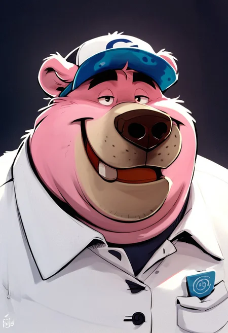 score_4_up, score_5_up, score_6_up, score_7_up, score_8_up, score_9, face shot, 1boy, bear, smiling, cap, plump, chubby, White polo shirt, simple background