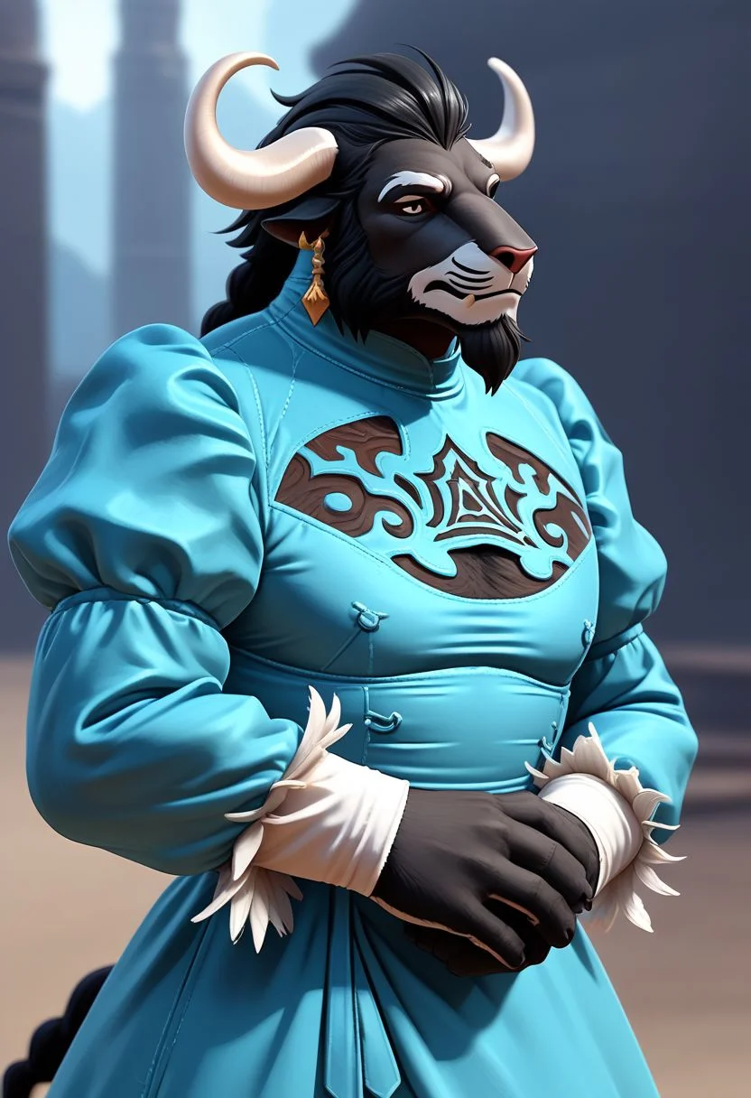 no2 type b dress, 1boy, male focus, solo, animal ears, beard, facial hair, puffy sleeves, black hair, braid, jewelry, earrings, dress, juliet sleeves, long sleeves, horns, blurry background, furry male, ,, BREAK PonyXLV6_Scores