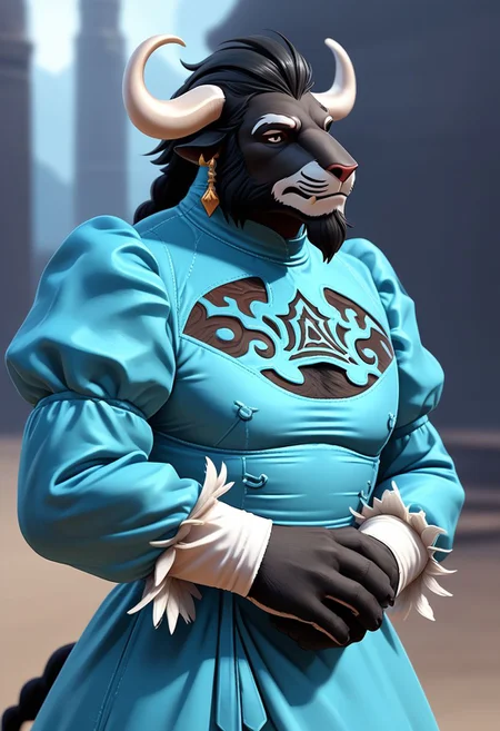 no2 type b dress, 1boy, male focus, solo, animal ears, beard, facial hair, puffy sleeves, black hair, braid, jewelry, earrings, dress, juliet sleeves, long sleeves, horns, blurry background, furry male, ,, BREAK PonyXLV6_Scores