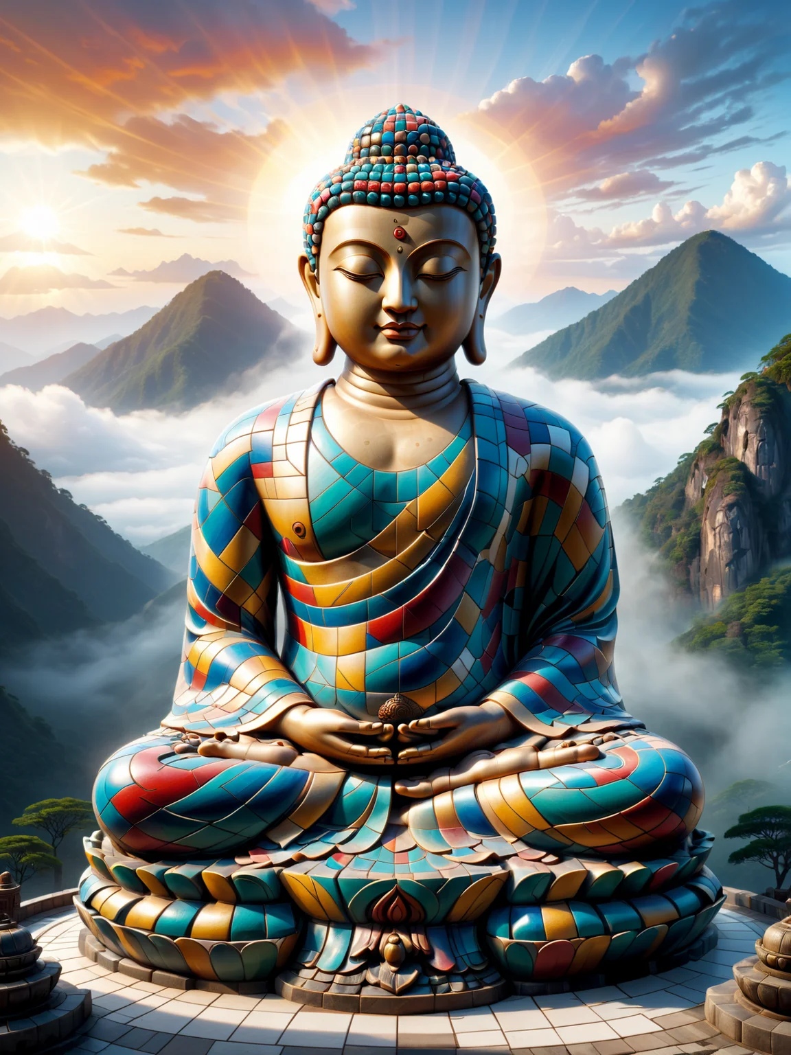 colorful mad-mosaic-sdxl-v2 buddha in a temple on a mountain, haze, clouds, dawn, sunbeams, cinematic shot, detailed illustration <lora:Colorful_Mosaic_SDXL_v2:0.8>, (masterpiece:1.2), best quality