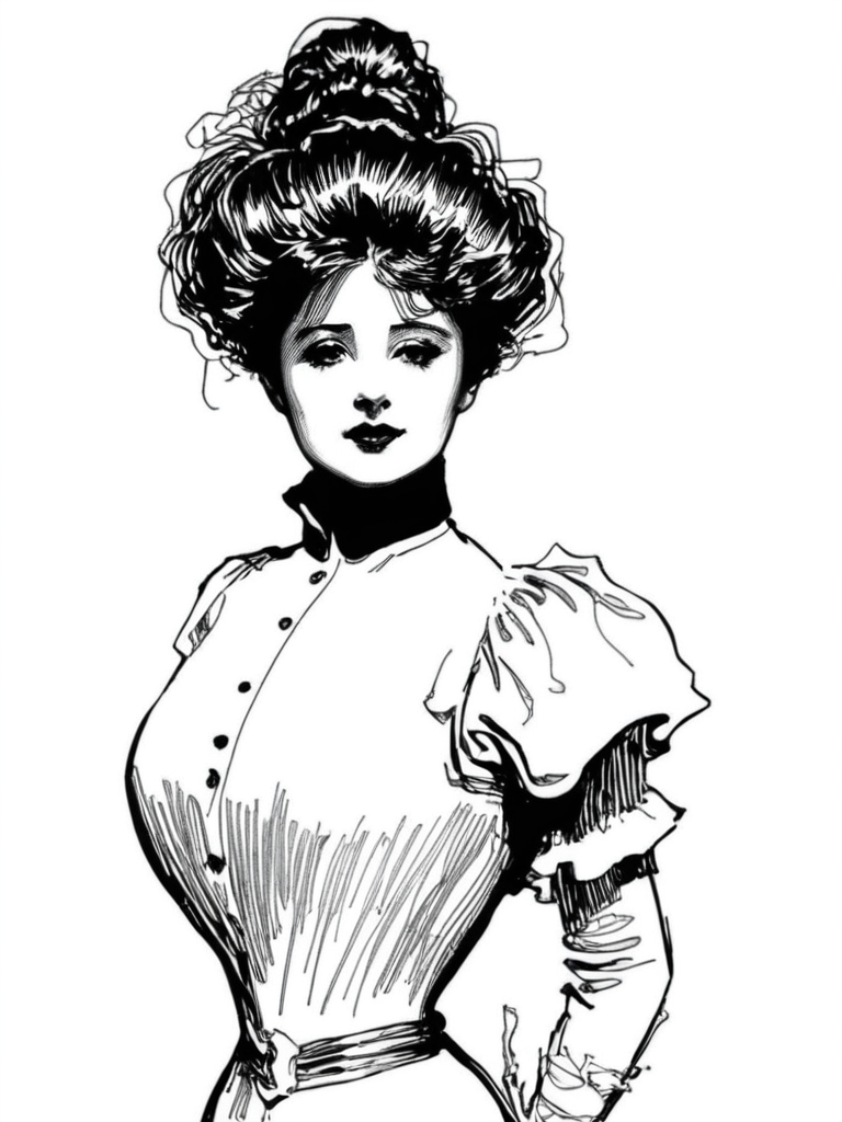 black ink drawing of Gibson Girl  at Burningman by g1bs0n,    monochrome, lineart <lora:Gibson_XL:1>