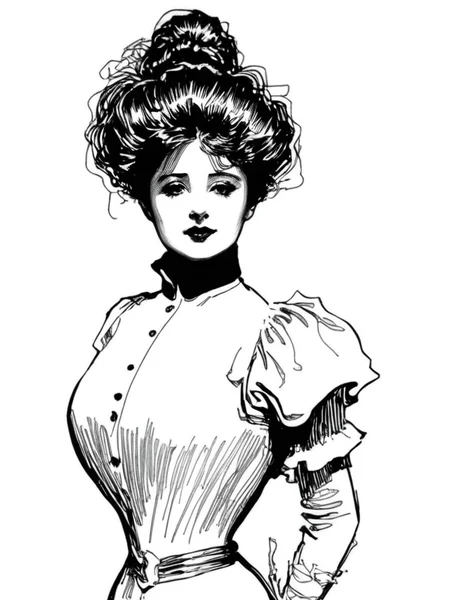 black ink drawing of Gibson Girl  at Burningman by g1bs0n,    monochrome, lineart <lora:Gibson_XL:1>