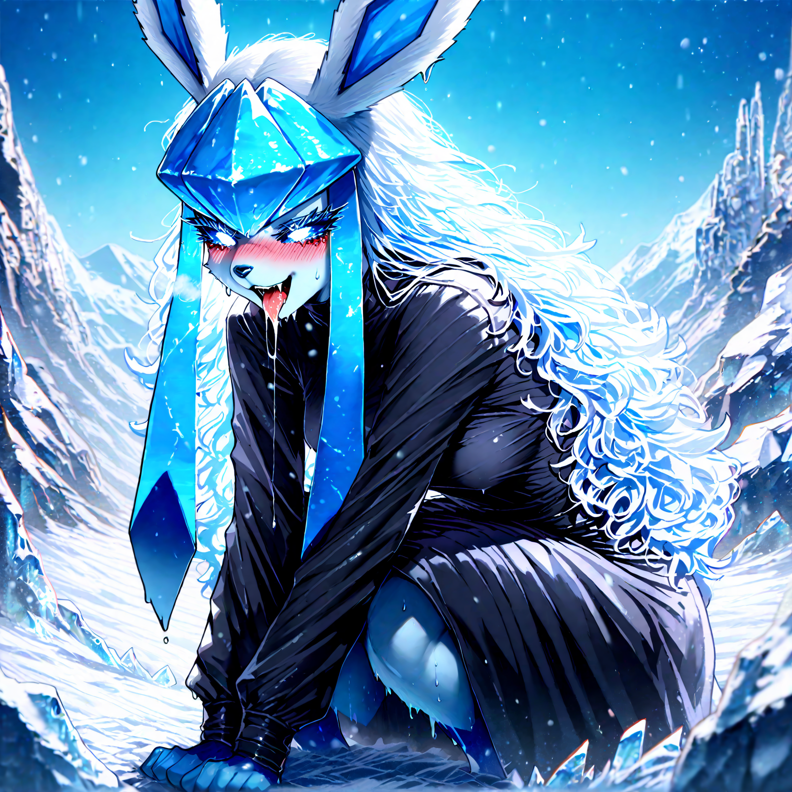 pokemon, glaceon , 1girl, ban! \(bansankan\):0.7, quasarcake:0.8, wlop:0.9, animal_ears ,animal_nose,blue_fur ,blue_hair ,blue_sclera, blue_sky ,blue skin,blue_theme, blurry, blush, body_fur, breasts,colored_sclera, cowboy_shot ,  fang, furry ,furry_female,  happy , medium breasts, looking_down , nose_blush, outdoors, personification ,pokemon_(creature),long_hair, shiny_skin ,sidelocks,sky, smile, solo ,sweat , tail ,white_eyes, long_sleeves, black_shirt ,black dress,leg_ribbon, ,
, squatting, tongue, tongue_out , saliva,saliva_trail ,saliva_drip ,open mouth, leg, leg focus, 
snowy, snow, outdoors,, fr0stwrld, ice ,
masterpiece, best quality, Good quality, very aesthetic, absurdres, newest, (Perfect details), solo,
<lora:Fr0stWrld4:0.7>, <lora:ponyv5_noobV065S_1_adamW:0.8>, <lora:illustrious_noobai_epsilon_pred_1_best_quality_v1:0.7> ,<lora:illustrious_noobai_epsilon_pred_11_very_aesthetic_v1:0.7> ,<lora:illustrious_noobai_epsilon_pred_1_masterpieces_v1:0.7>