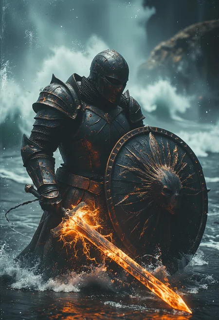 Upper body shot of a dark, menacing mechanical knight engaged in a bosstyle boss battle, captured with the gritty realism of an old analog camera. The knight’s battle-worn, intricately designed helmet reflects the eerie glow of his weapon—a massive, twisted sword. The blade crackles with dark energy, gathering ominously at its tip, where a glowing orb of dark purple and translucent amber light pulses with immense, destructive power. The energy radiates along the blade, casting a sinister glow that illuminates the knight’s helmet and armor, creating stark contrasts between light and deep shadows.
In his other hand, the knight wields a formidable shield, adorned with jagged, twisted patterns and a ghastly visage that seems to stare into the souls of his enemies. The shield exudes a sense of dread, as if cursed by dark magic, amplifying the terror of his presence. The sword’s glow casts intricate shadows across the shield, highlighting its menacing details. The chaotic battlefield around them is set amidst large crystal-blue waves crashing with explosive force, intensifying the dramatic clash between the knight and his adversaries.