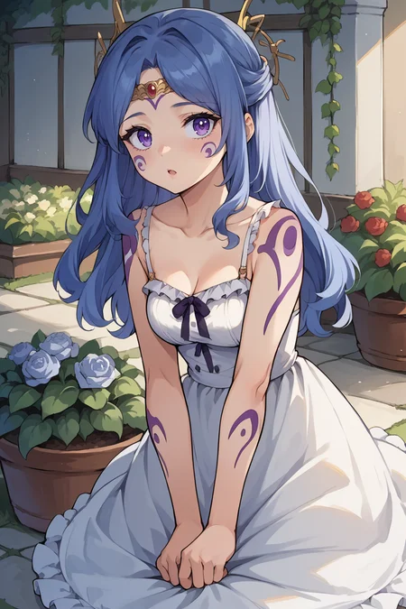 score_9, score_8_up, score_7_up, score_6_up, source_anime BREAK 1girl, solo <lora:tialuna-pdxl-nvwls-v1-000006:1> tialuna, blue hair, purple eyes, facial mark, tattoo, circlet, hair ornament, white sundress, frills, spaghetti straps, looking at you, garden, chestnut mouth