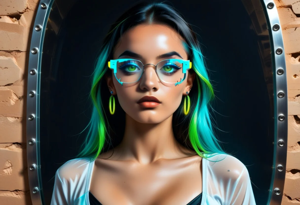 Description of NIA: A young woman of about 25 with an athletic build and two-tone hair - black with neon green highlights. Wearing stylish cyberpunk glasses reflecting a neon blue in the mirror. She is dressed in a technologically advanced transparent suit with glowing stripes and LED lighting. She has avant-garde earrings with multiple details on her ears, and piercings with reflective stones on her nose, navel and chest.
Background: a high-tech Arab fortress in the desert