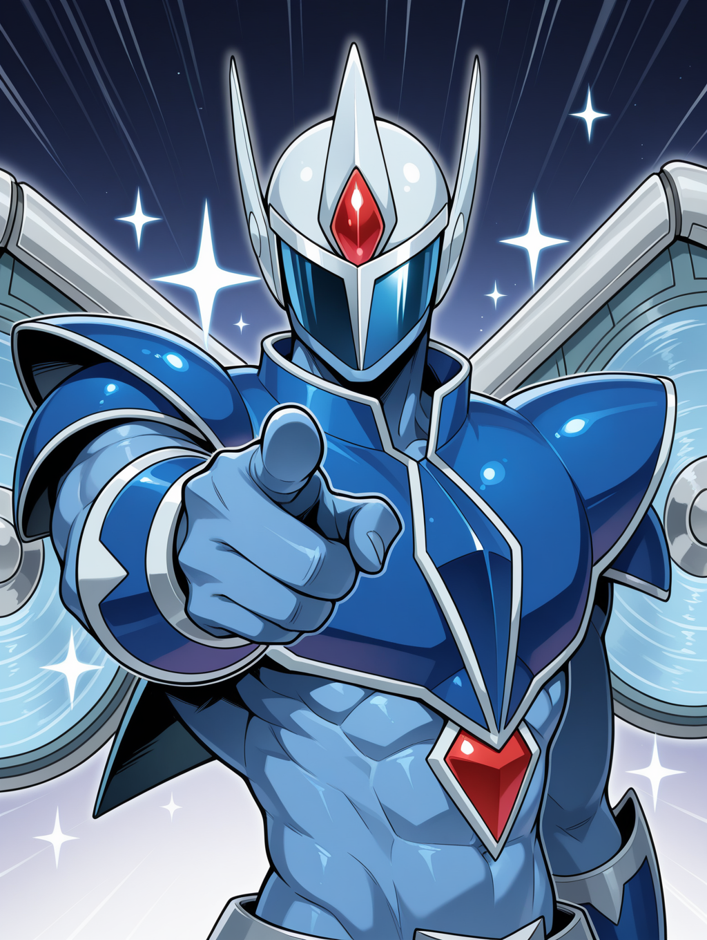 1boy,elemental hero stratos,male focus,solo,wind,aerokinesis,upper body,pointing at viewer,looking at viewer,parody,tokusatsu,muscular male,covered face,white helmet,blue full bodysuit,blue shoulder armor,blue vambraces,white mechanical wings,uncle sam,sparkle,
masterpiece,best quality,amazing quality,very aesthetic,absurdres,newest,<lora:Elemental HERO Stratos illuXL v1:0.73>,