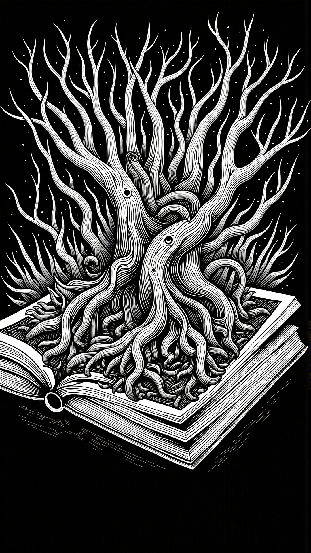 lineart, dark, horror, an old book with a forest growing from its pages<lora:NoctichromeFlux:1>