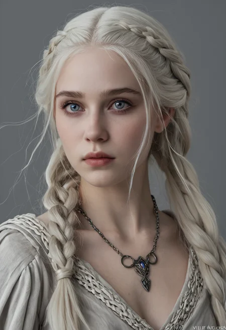 <lora:RokuFantasy:1>,R0k0F3nt3sy,1girl,solo,fantasy art,, (Hair, Long, silver-blonde hair (often described as pale as moonlight), a hallmark of her Targaryen lineage. In the books, her hair is worn in intricate braids, symbolizing victories and tradition:1), (Eyes, Large, violet eyes, often noted for their intensity and otherworldly quality, typical of the Valyrian race:1), (Skin, Pale, creamy complexion with a smooth, almost luminous quality that enhances her striking beauty:1), (Build, Slim and petite, yet strong and resilient, reflecting her gradual transformation from a timid girl into a determined leader:1),  short in stature,