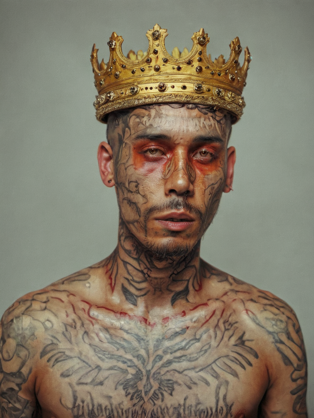 harisnukemXL, photography of a  man with a crown , full - body tattoos, faded red and yelow, close up potrait, <lora:Haris_Nukem_Style_XL:1>