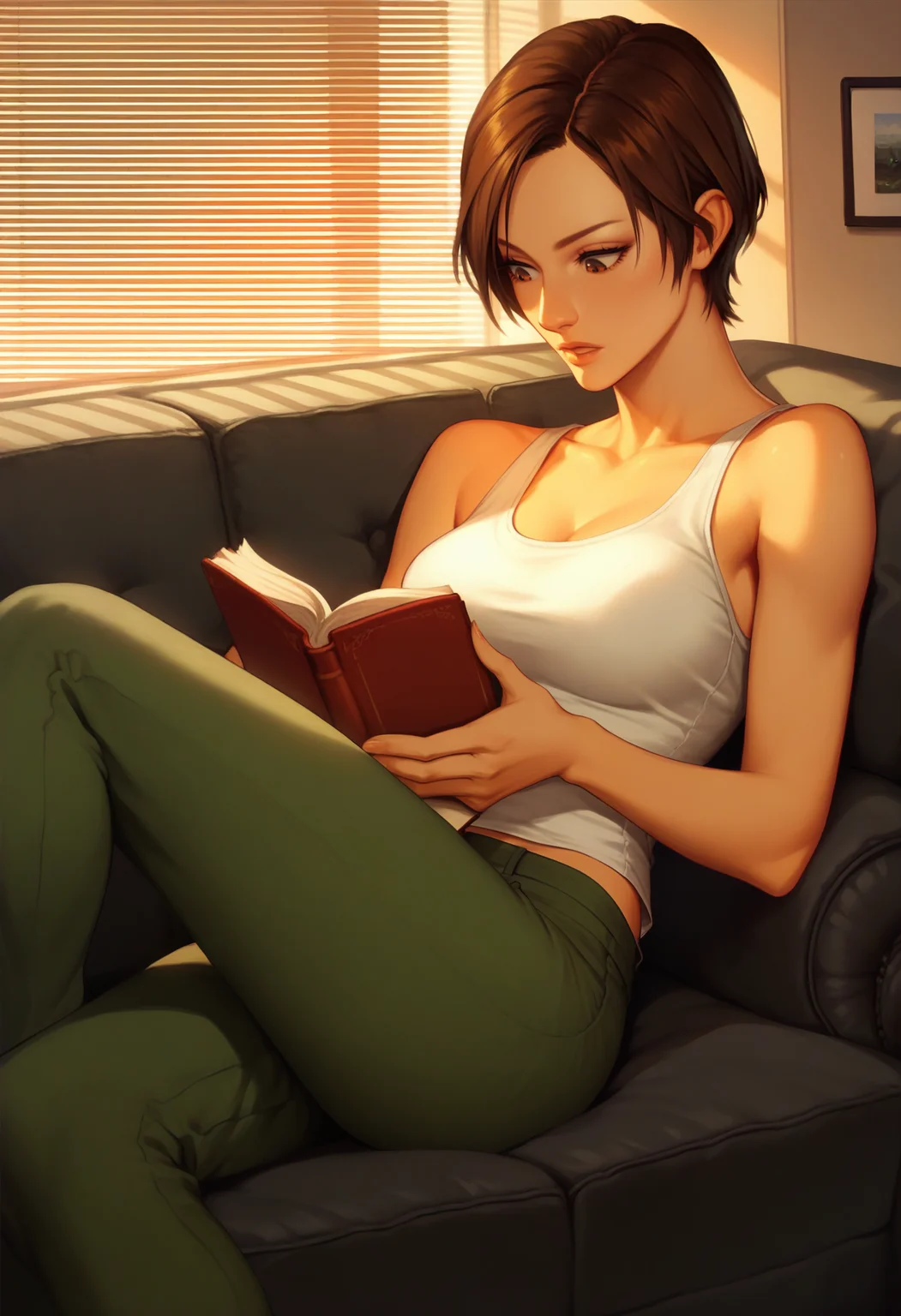 score_9, score_8_up, score_7_up, score_6_up, <lora:KeiNagase:0.9>, KeiNagase, 1girl, solo, brown hair, short hair, brown eyes,
tank top, green pants,
lying, on couch, reading, holding book,
BREAK indoors, sunset, office, couch,