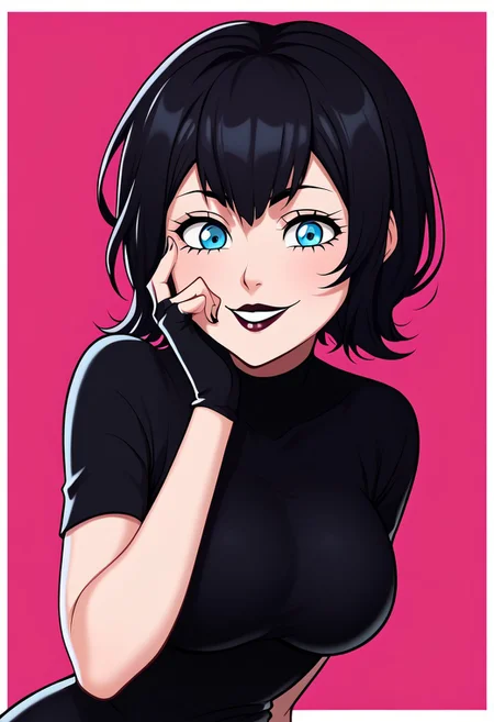 score_9, score_8_up, score_7_up, score_6_up, score_5_up, score_4_up, source_cartoon, <lora:confetti-extract- ponyxl:0.85>, detailed eyes, easynegative, rating_explicit, Expressiveh, 1girl, solo, rakusaku, big breasts, handfixer, smiling to viewer
MAVISDRACULA, 1girl, solo, black hair, short hair, blue eyes, lipstick, black dress, short sleeves, black lace gloves, fingerless,