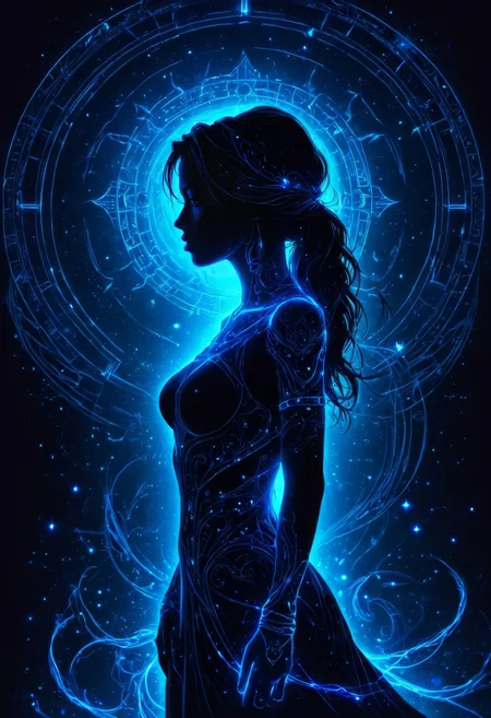 Dark photo, dark background, woman, silhouette, blacklight illumination, dark energy, vibrant blue hues, highly detailed, intricate design, limited palette, predominant blue tones