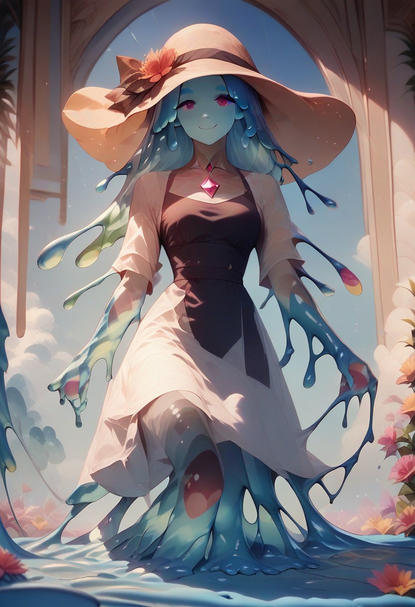 score_9, score_8_up, score_9_up, score_7_up, high quality, masterpiece, highly detailed, solo, (((blue slime girl))), long hair, medium breasts, sun dress, smile, sunny sky, windy, flowing hair, flowers