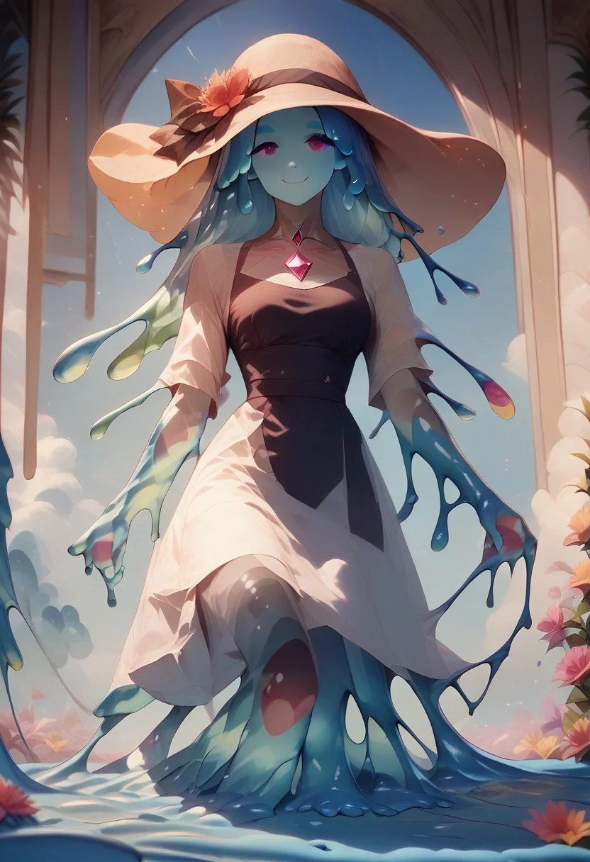 score_9, score_8_up, score_9_up, score_7_up, high quality, masterpiece, highly detailed, solo, (((blue slime girl))), long hair, medium breasts, sun dress, smile, sunny sky, windy, flowing hair, flowers