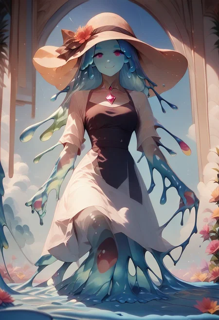 score_9, score_8_up, score_9_up, score_7_up, high quality, masterpiece, highly detailed, solo, (((blue slime girl))), long hair, medium breasts, sun dress, smile, sunny sky, windy, flowing hair, flowers