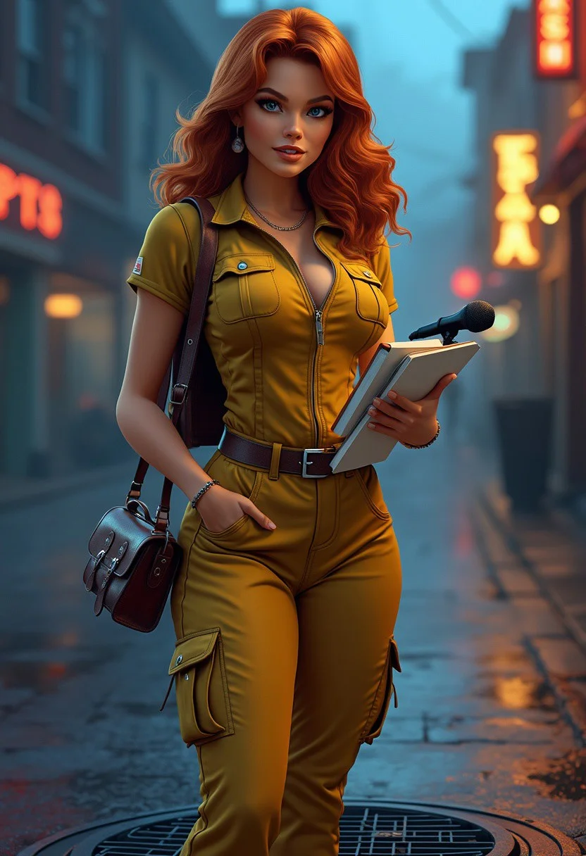 A photorealistic image of a woman resembling April O'Neil from * Mutant Ninja Turtles* as a real human. She has a strikingly beautiful, athletic figure with toned curves, huge breasts, a slim waist, and a confident stance. Her shoulder-length auburn hair is styled in soft waves, framing her face with bright, intelligent eyes and a warm, determined expression.  She is wearing her signature yellow jumpsuit, perfectly fitted to her body, with the zipper slightly undone at the top for a casual yet professional look. The jumpsuit features utility pockets and a matching belt, emphasizing her practical and adventurous personality. She pairs this with white sneakers and a vintage brown leather shoulder bag slung across her torso, containing a notepad, a microphone, and other reporter essentials.  The setting is an urban street at dusk, with the faint glow of neon signs reflecting off wet pavement. She is standing near a manhole cover, holding a handheld microphone in one hand and a notepad in the other, as if she's in the middle of investigating a story. The lighting is cinematic, with a mix of cool blues and warm orange hues highlighting her figure and creating a dramatic yet grounded atmosphere. The scene captures her intelligence, bravery, and charm, bringing the animated character to life in a realistic, modern context.