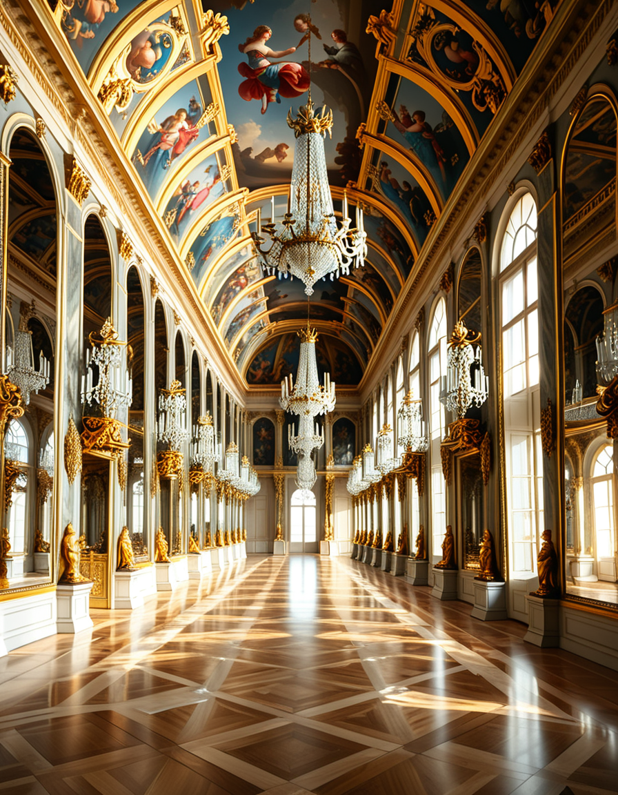 A breathtaking, photorealistic depiction of the Hall of Mirrors (Galerie des Glaces) at the Palace of Versailles in France, captured in golden afternoon light. The hall is grand and opulent, with a high arched ceiling painted with intricate Baroque frescoes. The walls are lined with tall arched mirrors on one side and large arched windows on the opposite side, flooding the space with natural light. Elegant crystal chandeliers hang from the ceiling, reflecting in the mirrors and sparkling with golden highlights. The marble floors are polished and gleaming, with rich, warm tones. Gilded statues and decorative elements frame the mirrors and doorways. The image style is ultra-detailed and photorealistic, with sharp textures and soft, warm lighting creating a majestic, timeless atmosphere. No people present, only the serene magnificence of the empty hall. Camera angle at eye level, centered down the hall, capturing the full length and symmetry of the space.
<lora:SDXLFaeTastic2400:0.4> <lora:extremely_detailed:0.4> extremely detailed,<lora:Hall_of_M1rr0rs:1>,Hall of M1rr0rs, Masterpiece,best quality,hi res,8k,hi res,8k,award winning,(sharp focus, intricate, highly detailed),