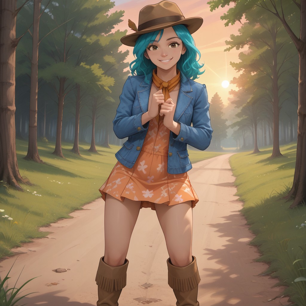 score_9, score_8, BREAK, solo, aqua blue hair, fedora hat, brown eyes, blue denim blazer, short dress, winter boots, ddr, Rena_(DDR_2010), cute, sexy pose, self portrait, smile, outdoors, sunlight, shadows, evening lighting, natural lighting, forest, trees, grass, orange sky, sunset