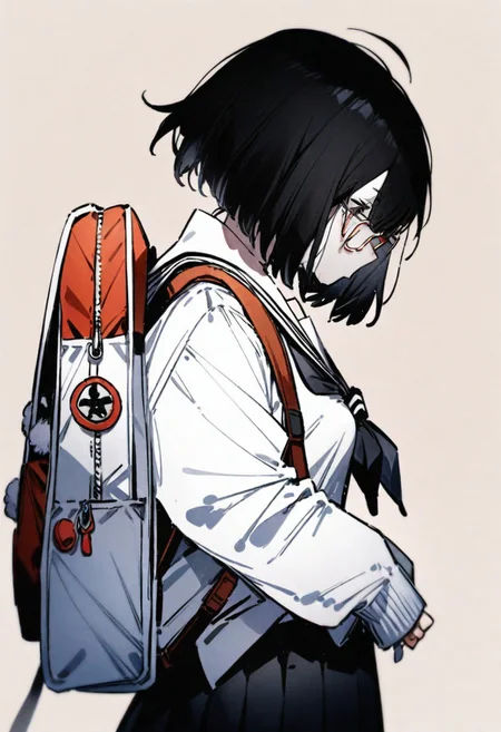 masterpiece, best quality, illustration, konya karasue, 1girl, solo, short hair, skirt, simple background, black hair, school uniform, pleated skirt, glasses, serafuku, black skirt, bag, from side, neckerchief, sleeves past wrists, profile, bob cut, backpack
