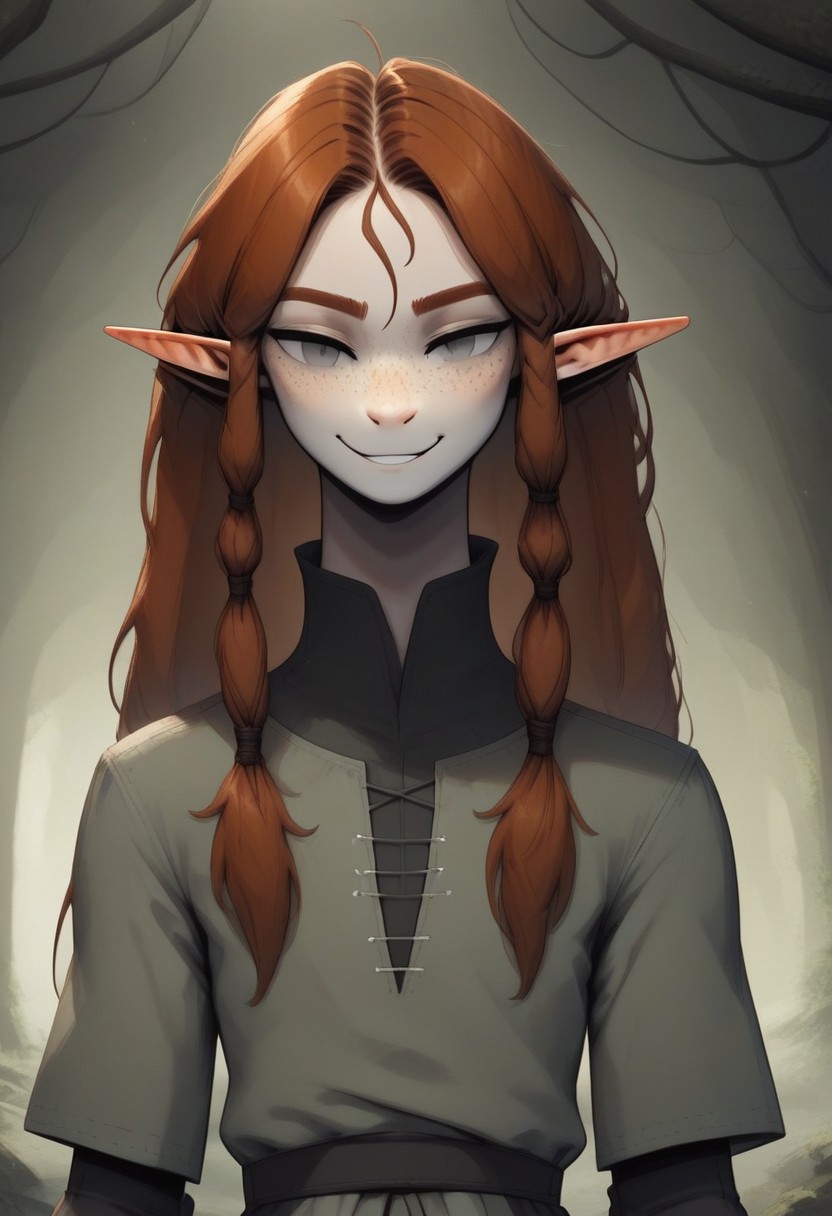 Malgha, 1 person, androgynous, solo, snout nose, pointy ears, gray eyes, light skin, freckles, tall, auburn hair, long hair, two large strands of hair sticking straight up, small locks of hair in front of forehead, back-length hair, average build, small nostrils, ((green tunic)),
Close up, face focus, ((front view)), cowboy shot, smirking,
((organic cavern background, luminous moss, plants, bordered by moss, detailed moss))
Medieval style,
highly detailed face, high quality, best quality, masterpiece, score: 9, score: 8 up, rating: safe, source: semi-realistic,
