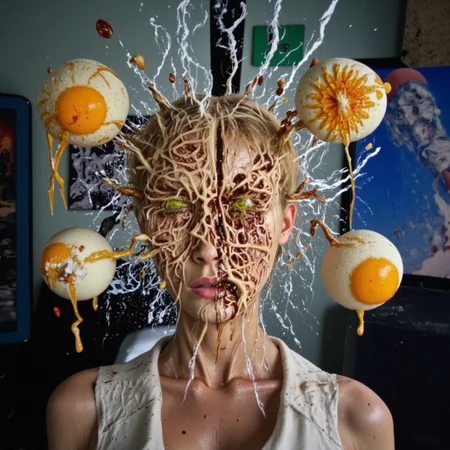 fried eggs medium wide shot of set back woman in her 20s with blond hair. face is split into four distinct cut parts like salvador dali's painting 'madonna in particles', each part with very sharp lines so you can see the cutaway of the face like a science diagram. very strange surrealist style with holographic vortex featuring swirls of holotropic colour and glowing eyes wet distorted factory shot. On the television sets are glowing hands, with electricity coming off the finger tips. swirling around her head are holograms of glyphs chaos magick symbols. the room has thick electicity cables and smoke is coming off them. large fried eggs are floating in the air, dripping gooey cracked eggs, there are multiple eggs floating. on the wall in the background are photos of nuclear explosions