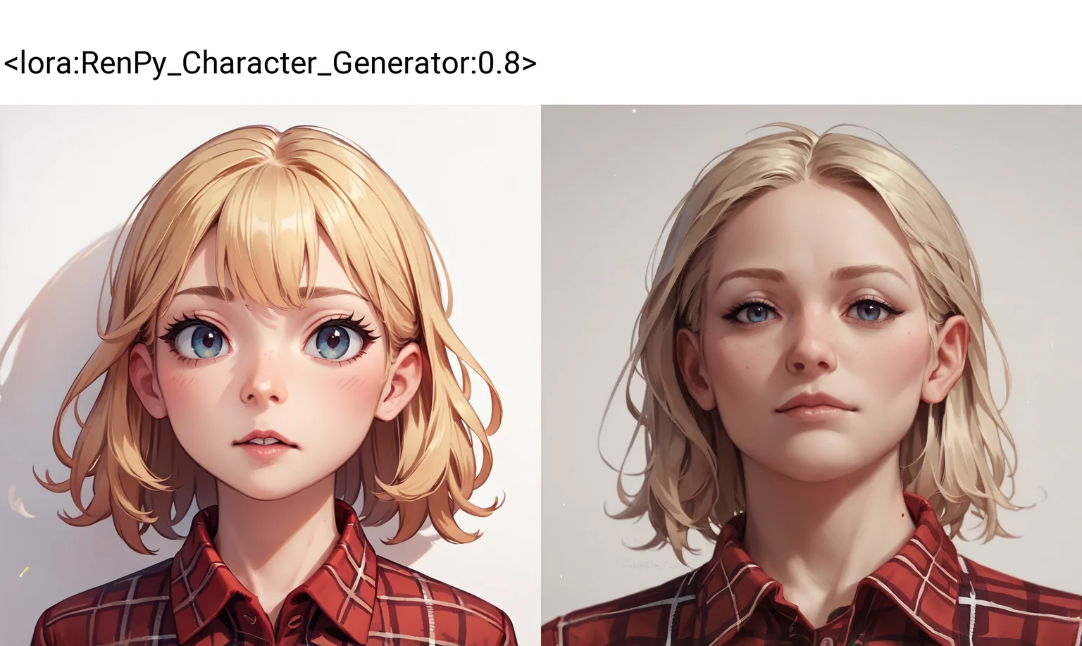 score_9, score_8_up, score_7_up, score_6_up, source_cartoon, rating_safe, realism, renpychargen, 1girl, face focus, portrait, beautiful blonde, farm girl, red plaid shirt <lora:RenPy_Character_Generator:0.8>, simple white background